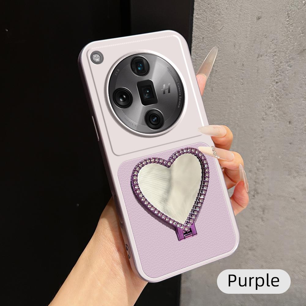 For OPPO Find X7 Ultra Lambskin Series Skin Feel Shockproof Phone Case with Heart Mirror Holder(Purple)