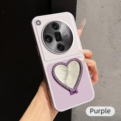 For OPPO Find X7 Ultra Lambskin Series Skin Feel Shockproof Phone Case with Heart Mirror Holder(Purple)