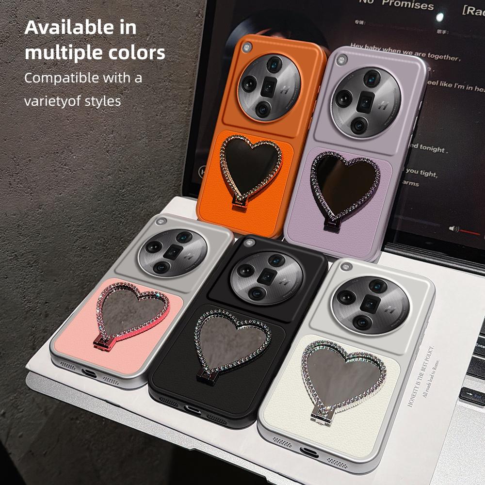 For OPPO Find X7 Ultra Lambskin Series Skin Feel Shockproof Phone Case with Heart Mirror Holder(Purple)