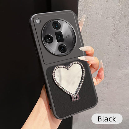 For OPPO Find X7 Ultra Lambskin Series Skin Feel Shockproof Phone Case with Heart Mirror Holder(Black)