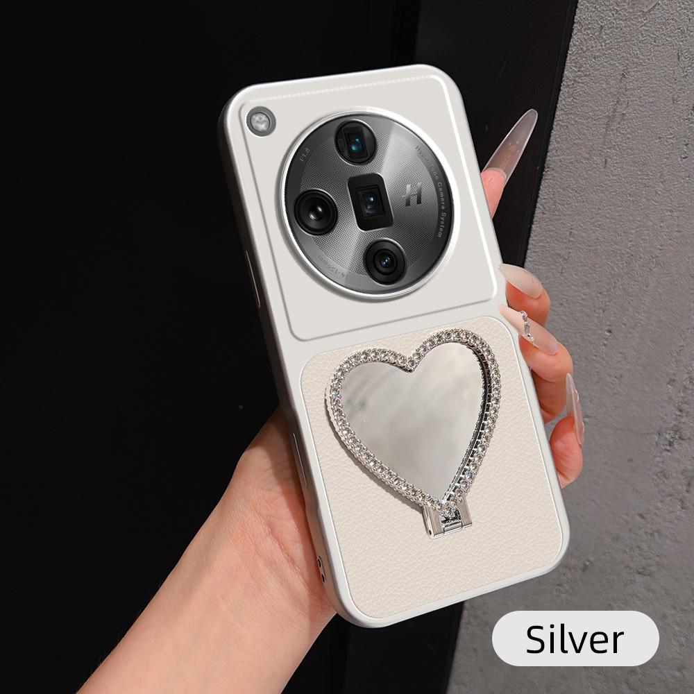 For OPPO Find X7 Ultra Lambskin Series Skin Feel Shockproof Phone Case with Heart Mirror Holder(Silver)
