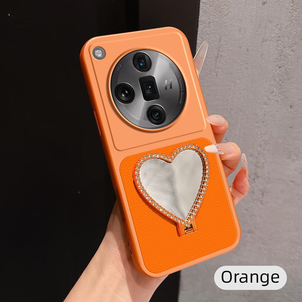 For OPPO Find X7 Ultra Lambskin Series Skin Feel Shockproof Phone Case with Heart Mirror Holder(Orange)