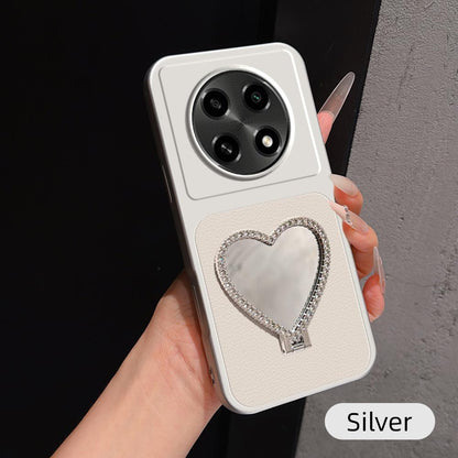 For OPPO A2 Pro Lambskin Series Skin Feel Shockproof Phone Case with Heart Mirror Holder(Silver)