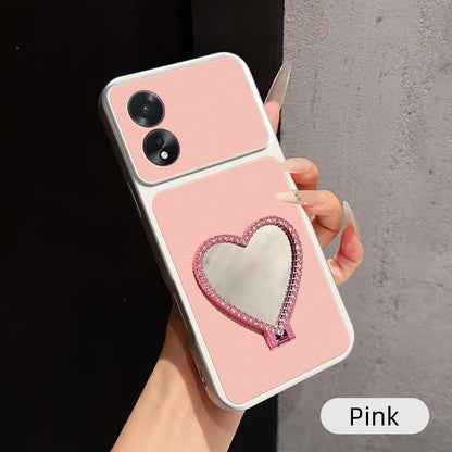 For OPPO A38 Lambskin Series Skin Feel Shockproof Phone Case with Heart Mirror Holder(Pink)