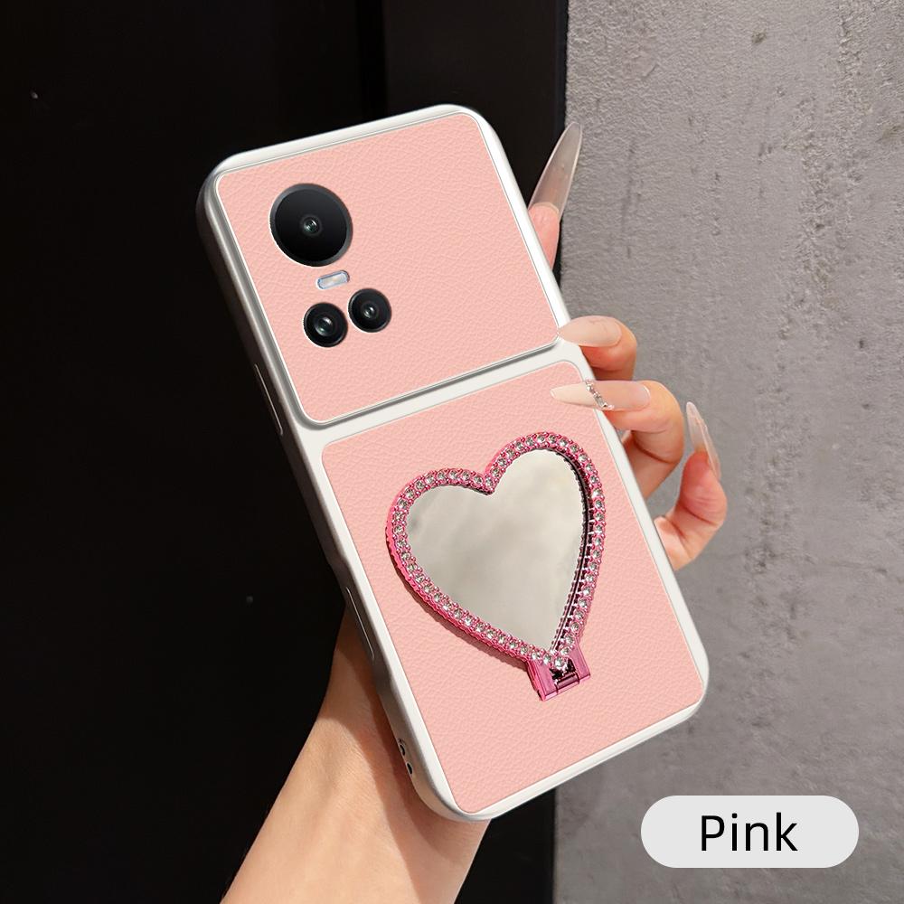 For OPPO Reno10 Global Lambskin Series Skin Feel Shockproof Phone Case with Heart Mirror Holder(Pink)