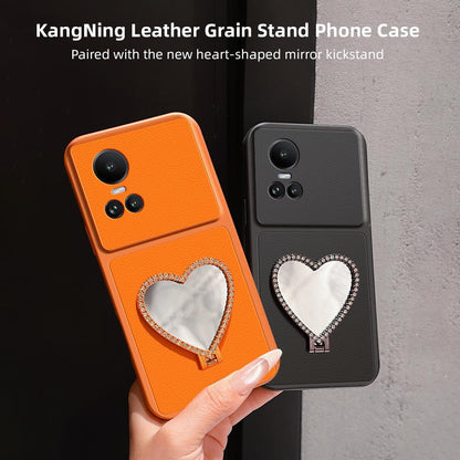 For OPPO Reno10 Global Lambskin Series Skin Feel Shockproof Phone Case with Heart Mirror Holder(Orange)