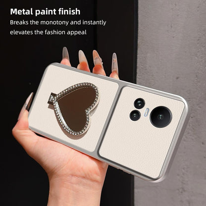 For OPPO Reno10 Global Lambskin Series Skin Feel Shockproof Phone Case with Heart Mirror Holder(Orange)
