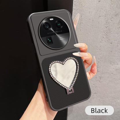 For OPPO Find X6 Lambskin Series Skin Feel Shockproof Phone Case with Heart Mirror Holder(Black)