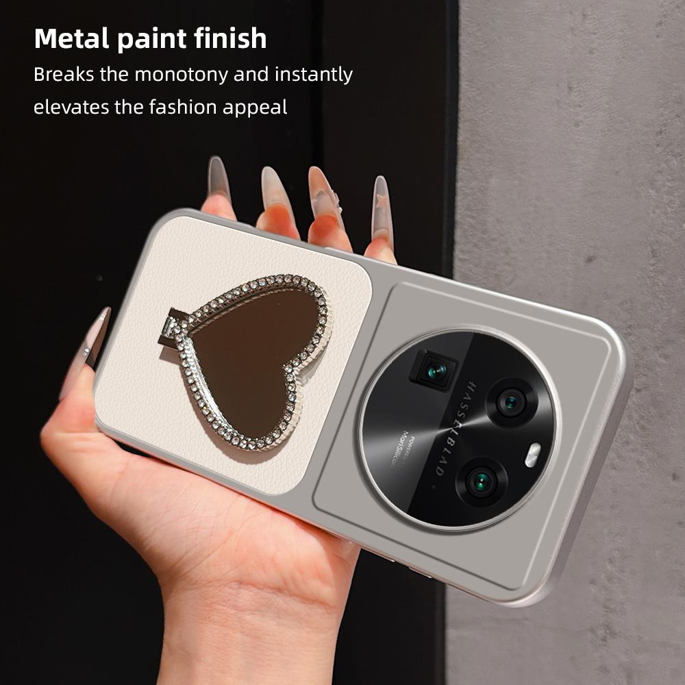 For OPPO Find X6 Lambskin Series Skin Feel Shockproof Phone Case with Heart Mirror Holder(Black)