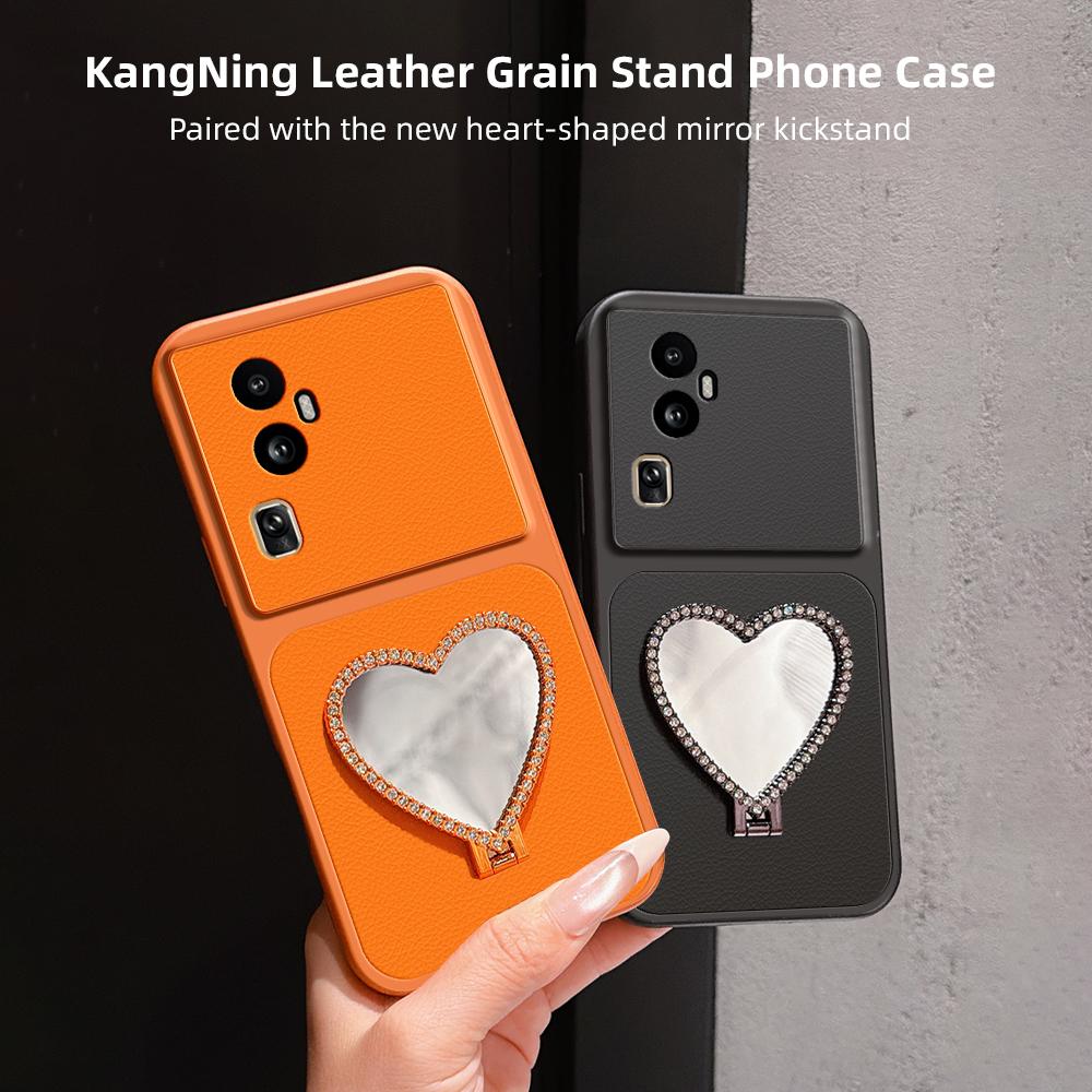 For OPPO Reno10 Pro Global Lambskin Series Skin Feel Shockproof Phone Case with Heart Mirror Holder(Purple)