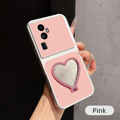 For OPPO Reno10 Pro+ Lambskin Series Skin Feel Shockproof Phone Case with Heart Mirror Holder(Pink)