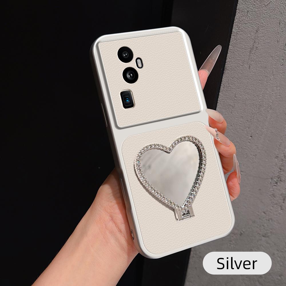 For OPPO Reno10 Pro+ Lambskin Series Skin Feel Shockproof Phone Case with Heart Mirror Holder(Silver)