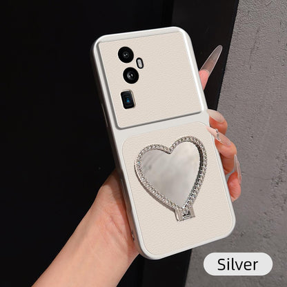 For OPPO Reno10 Pro+ Lambskin Series Skin Feel Shockproof Phone Case with Heart Mirror Holder(Silver)