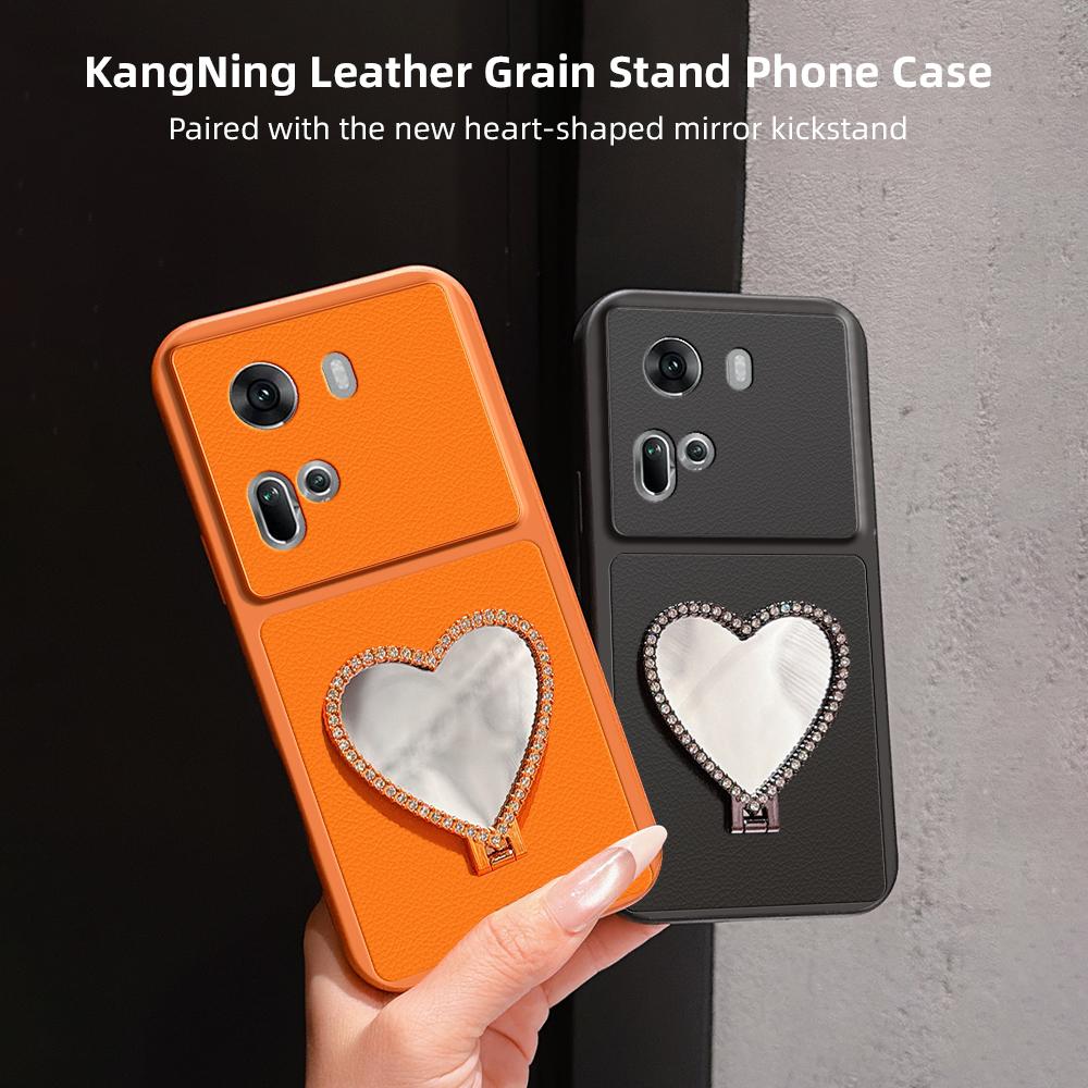 For OPPO Reno11 Global Lambskin Series Skin Feel Shockproof Phone Case with Heart Mirror Holder(Purple)