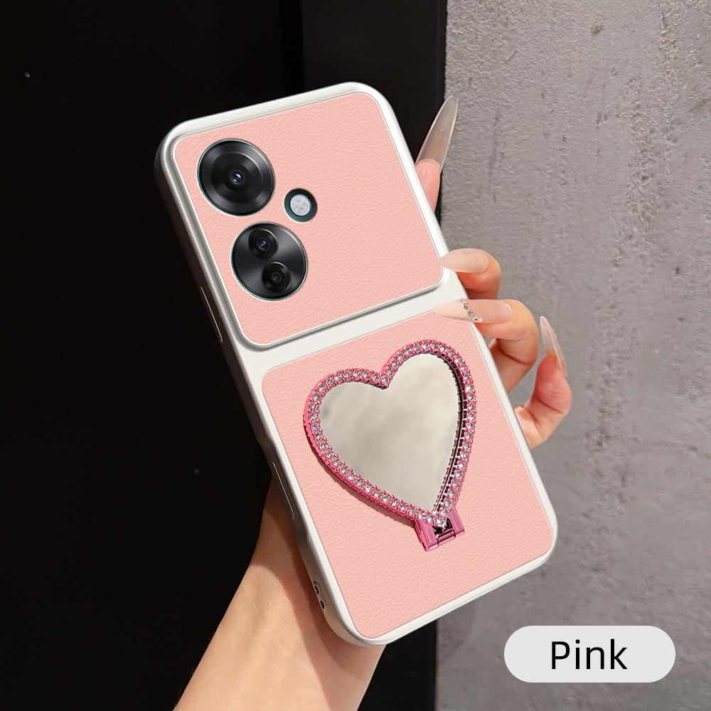 For OPPO Reno11 F Lambskin Series Skin Feel Shockproof Phone Case with Heart Mirror Holder(Pink)