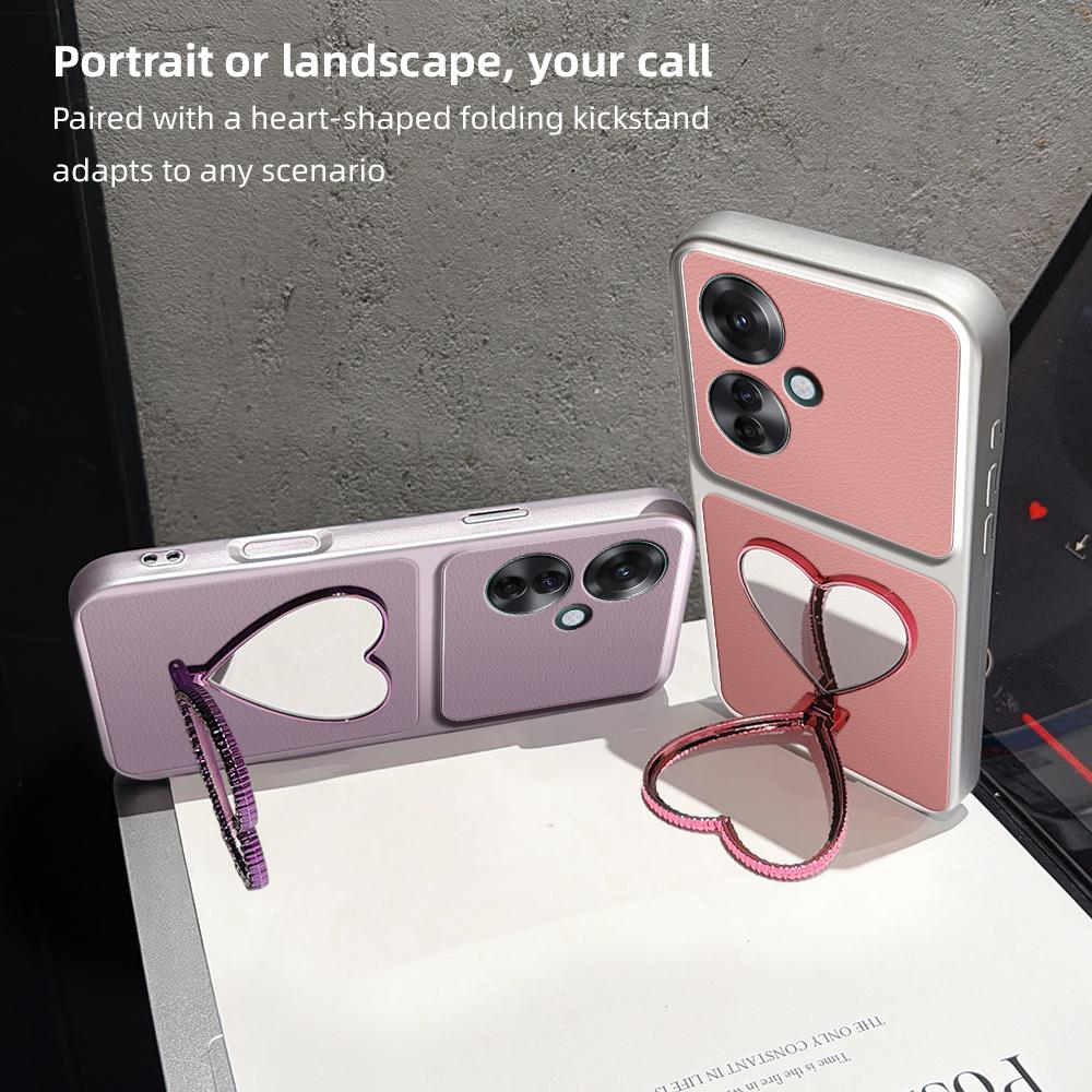 For OPPO Reno11 F Lambskin Series Skin Feel Shockproof Phone Case with Heart Mirror Holder(Pink)