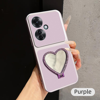For OPPO Reno11 F Lambskin Series Skin Feel Shockproof Phone Case with Heart Mirror Holder(Purple)