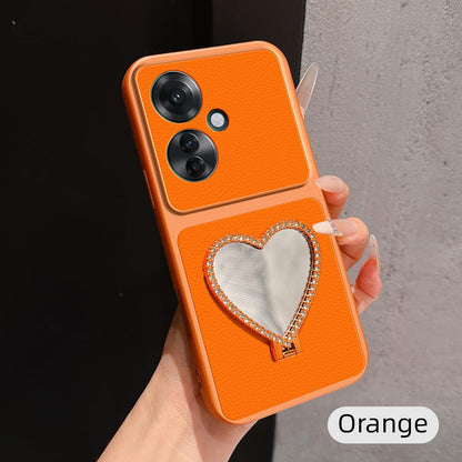 For OPPO Reno11 F Lambskin Series Skin Feel Shockproof Phone Case with Heart Mirror Holder(Orange)