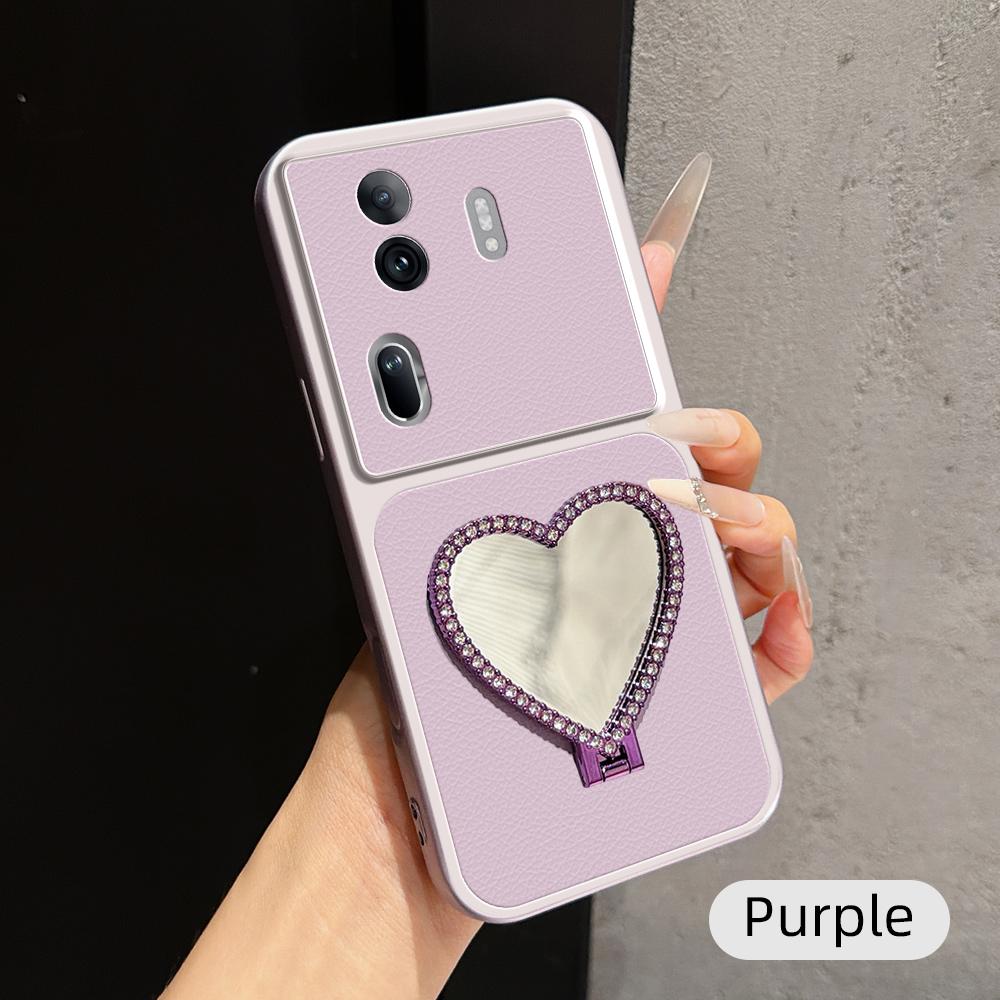 For OPPO Reno11 Pro Global Lambskin Series Skin Feel Shockproof Phone Case with Heart Mirror Holder(Purple)