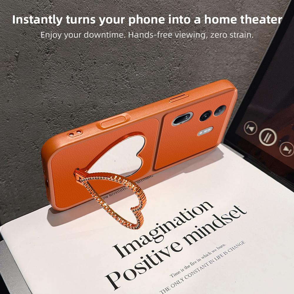 For OPPO Reno11 Pro Global Lambskin Series Skin Feel Shockproof Phone Case with Heart Mirror Holder(Orange)