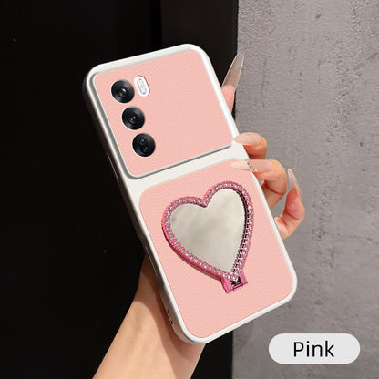 For OPPO Reno12 Global Lambskin Series Skin Feel Shockproof Phone Case with Heart Mirror Holder(Pink)