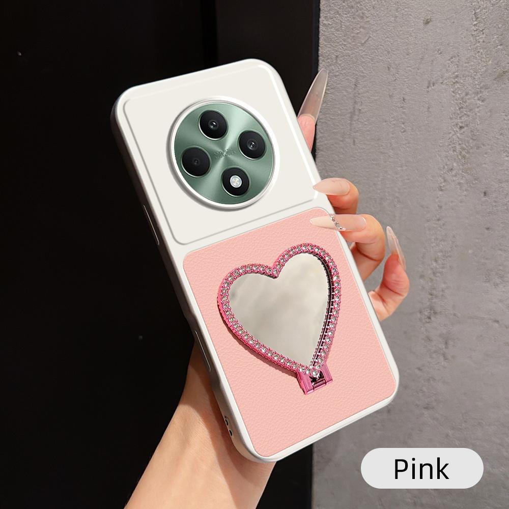 For OPPO Reno12 F 5G Lambskin Series Skin Feel Shockproof Phone Case with Heart Mirror Holder(Pink)