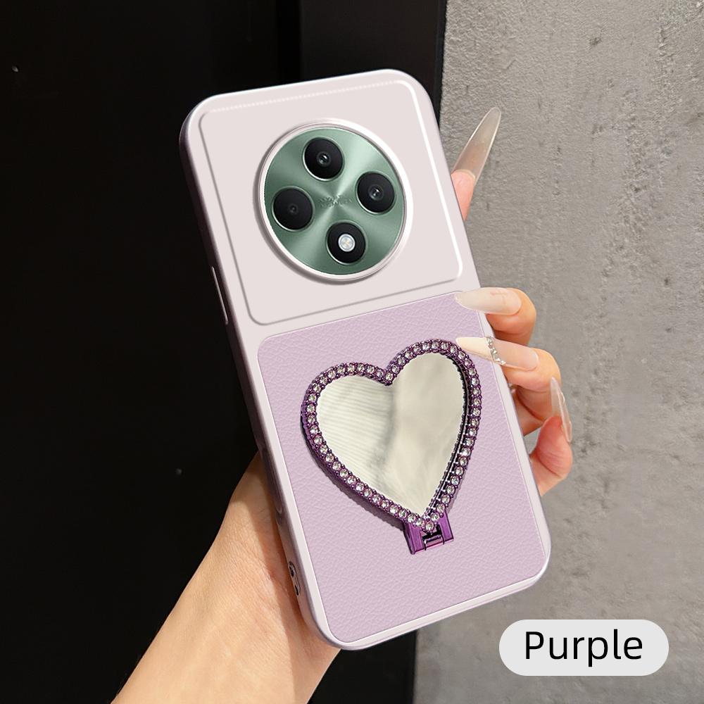 For OPPO Reno12 F 5G Lambskin Series Skin Feel Shockproof Phone Case with Heart Mirror Holder(Purple)