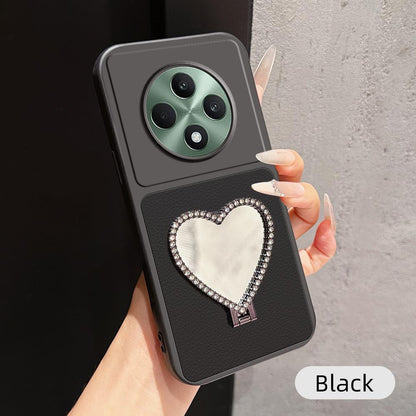 For OPPO Reno12 F 5G Lambskin Series Skin Feel Shockproof Phone Case with Heart Mirror Holder(Black)