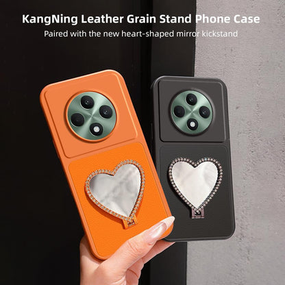 For OPPO Reno12 F 5G Lambskin Series Skin Feel Shockproof Phone Case with Heart Mirror Holder(Black)