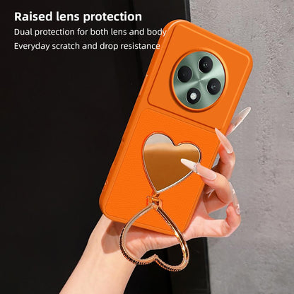 For OPPO Reno12 F 5G Lambskin Series Skin Feel Shockproof Phone Case with Heart Mirror Holder(Black)