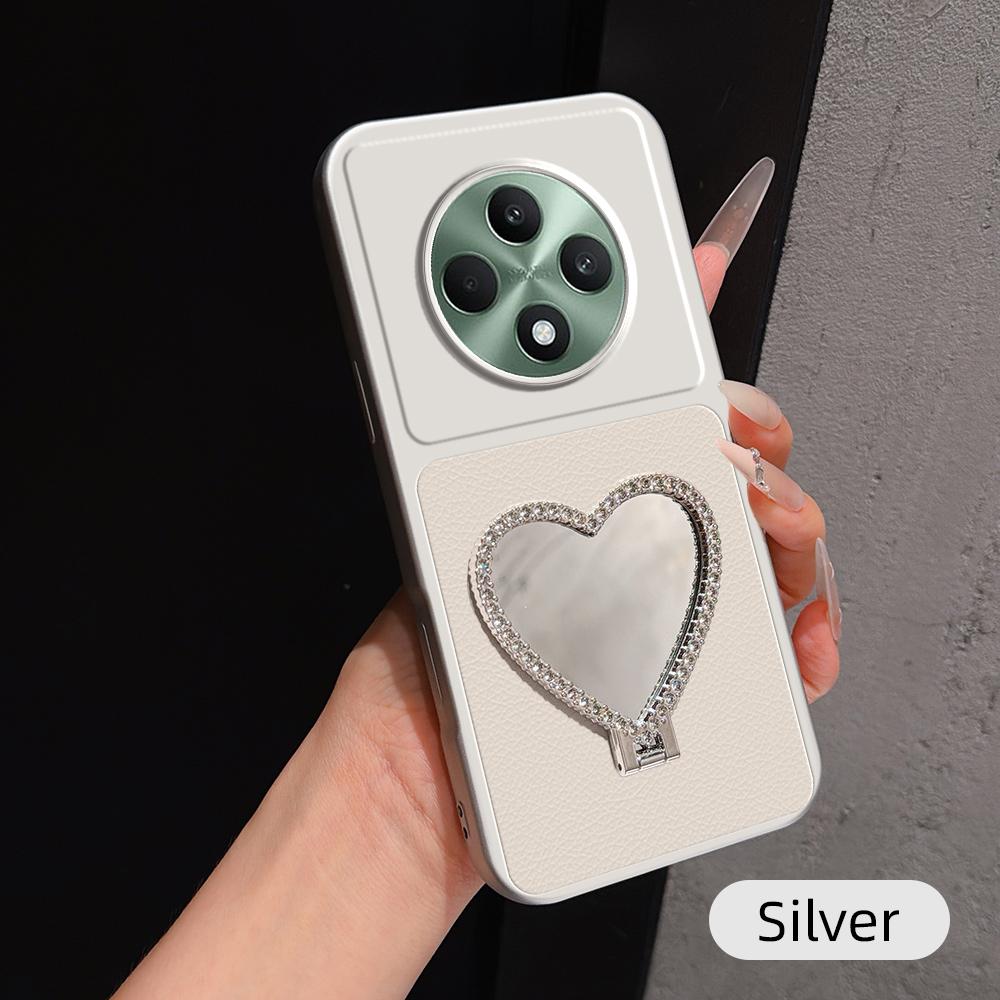 For OPPO Reno12 F 5G Lambskin Series Skin Feel Shockproof Phone Case with Heart Mirror Holder(Silver)