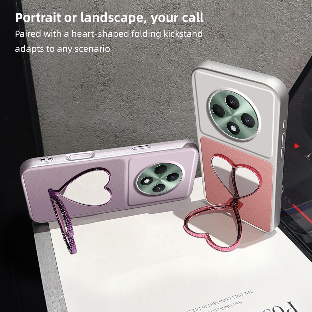 For OPPO Reno12 F 5G Lambskin Series Skin Feel Shockproof Phone Case with Heart Mirror Holder(Silver)