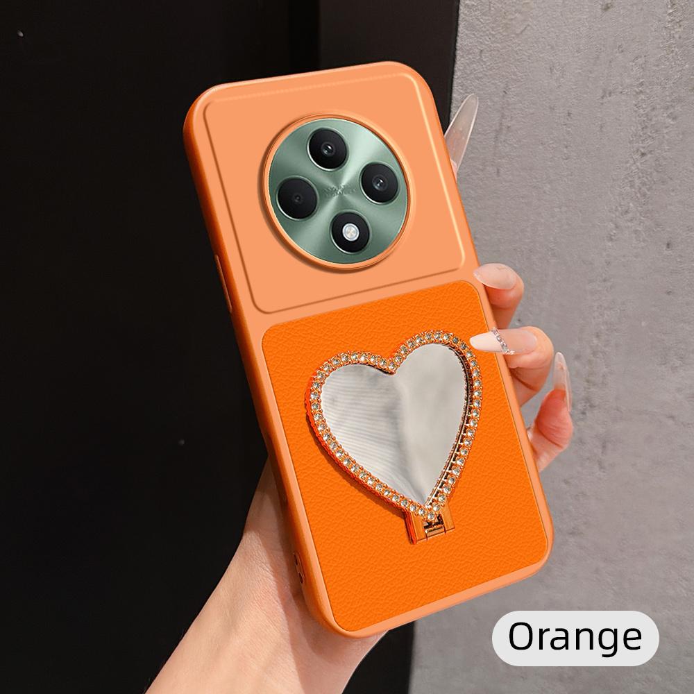 For OPPO Reno12 F 5G Lambskin Series Skin Feel Shockproof Phone Case with Heart Mirror Holder(Orange)