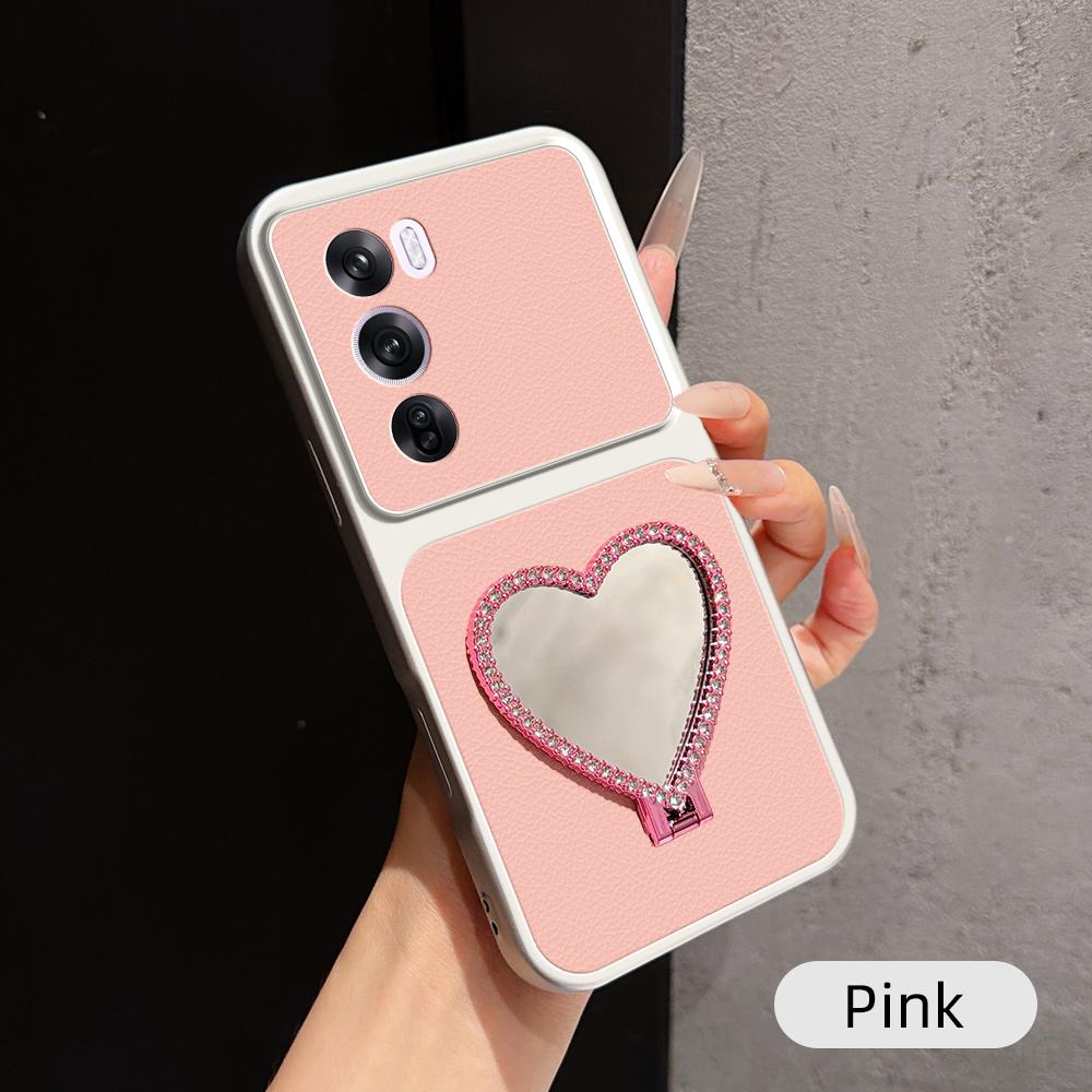 For OPPO Reno12 Pro Global Lambskin Series Skin Feel Shockproof Phone Case with Heart Mirror Holder(Pink)