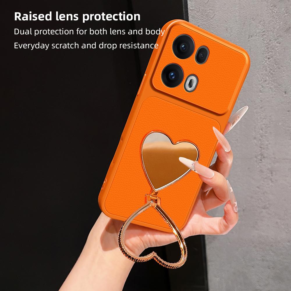 For OPPO Reno13 Pro Global Lambskin Series Skin Feel Shockproof Phone Case with Heart Mirror Holder(Purple)