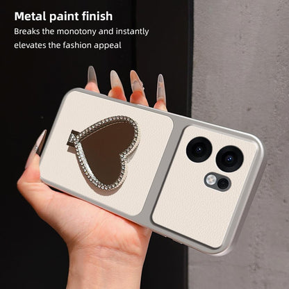 For OPPO Reno13 F 5G Lambskin Series Skin Feel Shockproof Phone Case with Heart Mirror Holder(Silver)