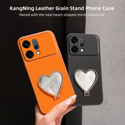 For OPPO Reno14 Global Lambskin Series Skin Feel Shockproof Phone Case with Heart Mirror Holder(Pink)