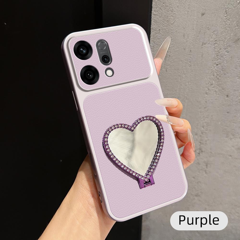 For OPPO Reno14 Global Lambskin Series Skin Feel Shockproof Phone Case with Heart Mirror Holder(Purple)