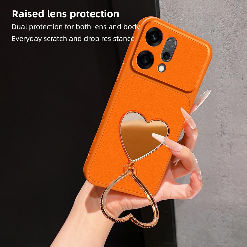 For OPPO Reno14 Global Lambskin Series Skin Feel Shockproof Phone Case with Heart Mirror Holder(Orange)