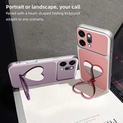 For OPPO Reno14 Pro Global Lambskin Series Skin Feel Shockproof Phone Case with Heart Mirror Holder(Pink)