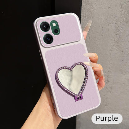 For OPPO Reno14 F 5G Lambskin Series Skin Feel Shockproof Phone Case with Heart Mirror Holder(Purple)