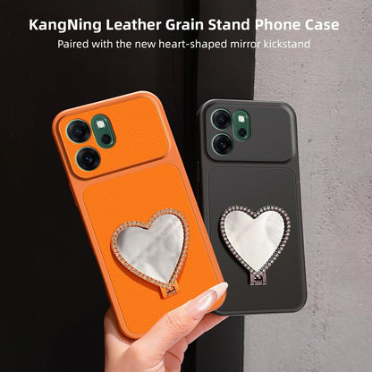 For OPPO Reno14 F 5G Lambskin Series Skin Feel Shockproof Phone Case with Heart Mirror Holder(Silver)