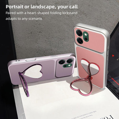For OPPO Reno14 F 5G Lambskin Series Skin Feel Shockproof Phone Case with Heart Mirror Holder(Silver)