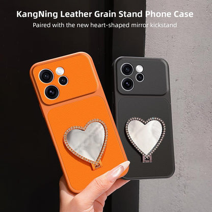 For OPPO Reno15 5G Global Lambskin Series Skin Feel Shockproof Phone Case with Heart Mirror Holder(Pink)