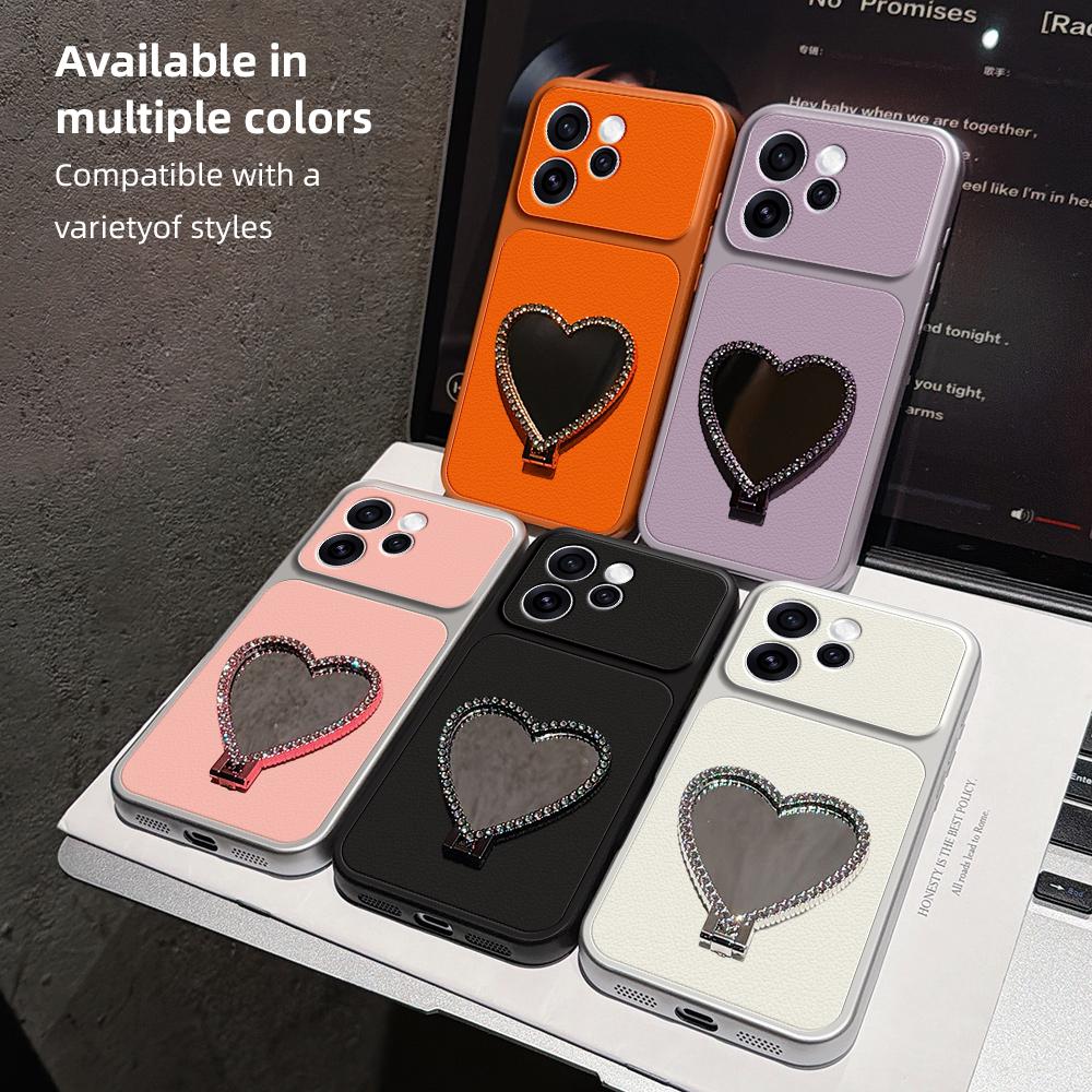 For OPPO Reno15 5G Global Lambskin Series Skin Feel Shockproof Phone Case with Heart Mirror Holder(Purple)
