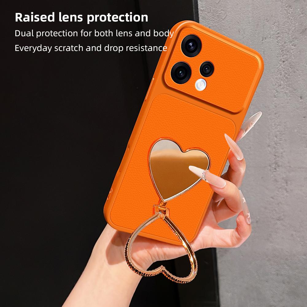 For OPPO Reno 15c 5G Lambskin Series Skin Feel Shockproof Phone Case with Heart Mirror Holder(Black)