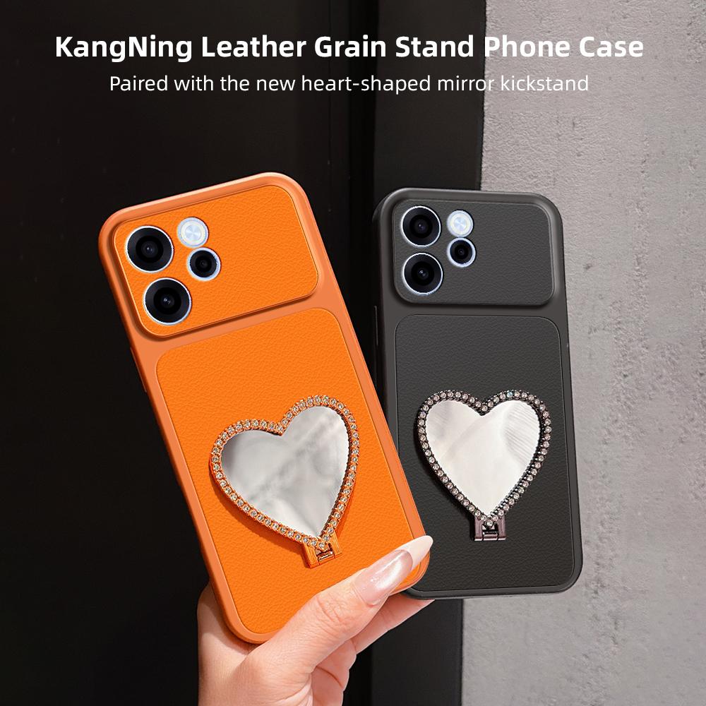 For OPPO Reno15 F 5G Lambskin Series Skin Feel Shockproof Phone Case with Heart Mirror Holder(Black)