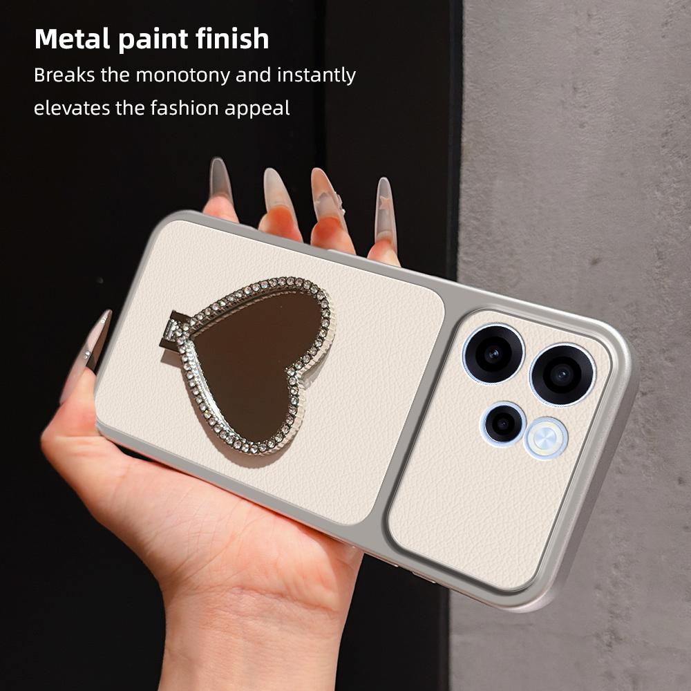For OPPO Reno15 F 5G Lambskin Series Skin Feel Shockproof Phone Case with Heart Mirror Holder(Black)
