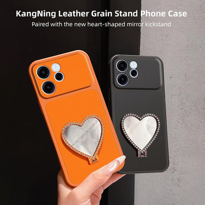 For OPPO Reno15 F 5G Lambskin Series Skin Feel Shockproof Phone Case with Heart Mirror Holder(Silver)