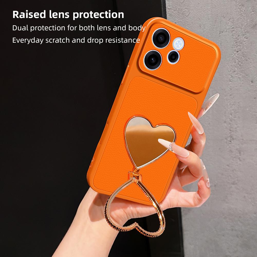 For OPPO Reno15 F 5G Lambskin Series Skin Feel Shockproof Phone Case with Heart Mirror Holder(Silver)